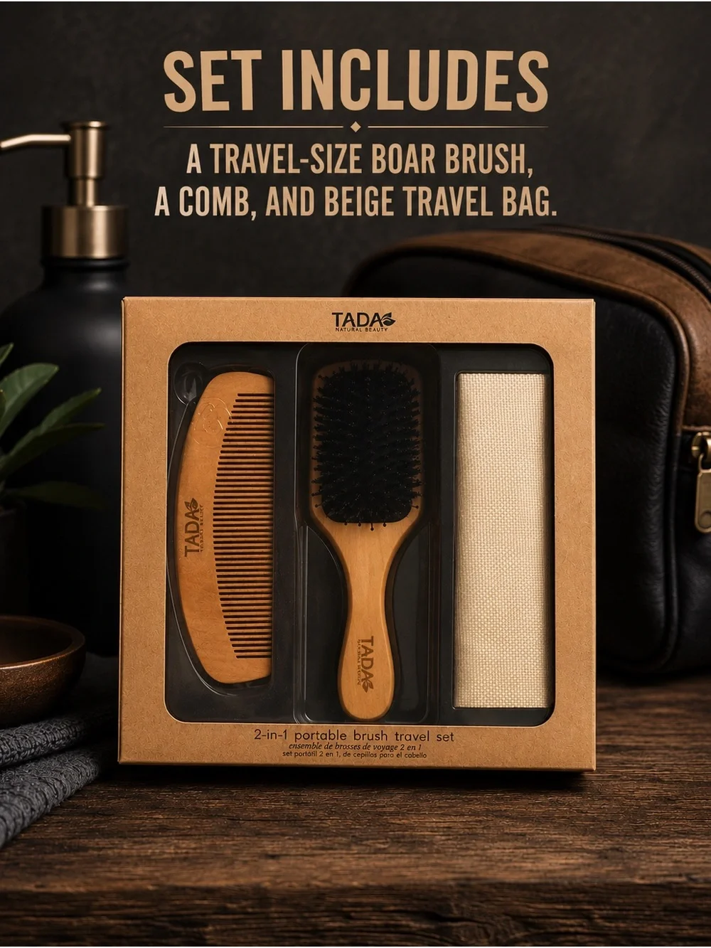 NIB Men’s 2 in 1 portable brush travel set, includes beige travel bag